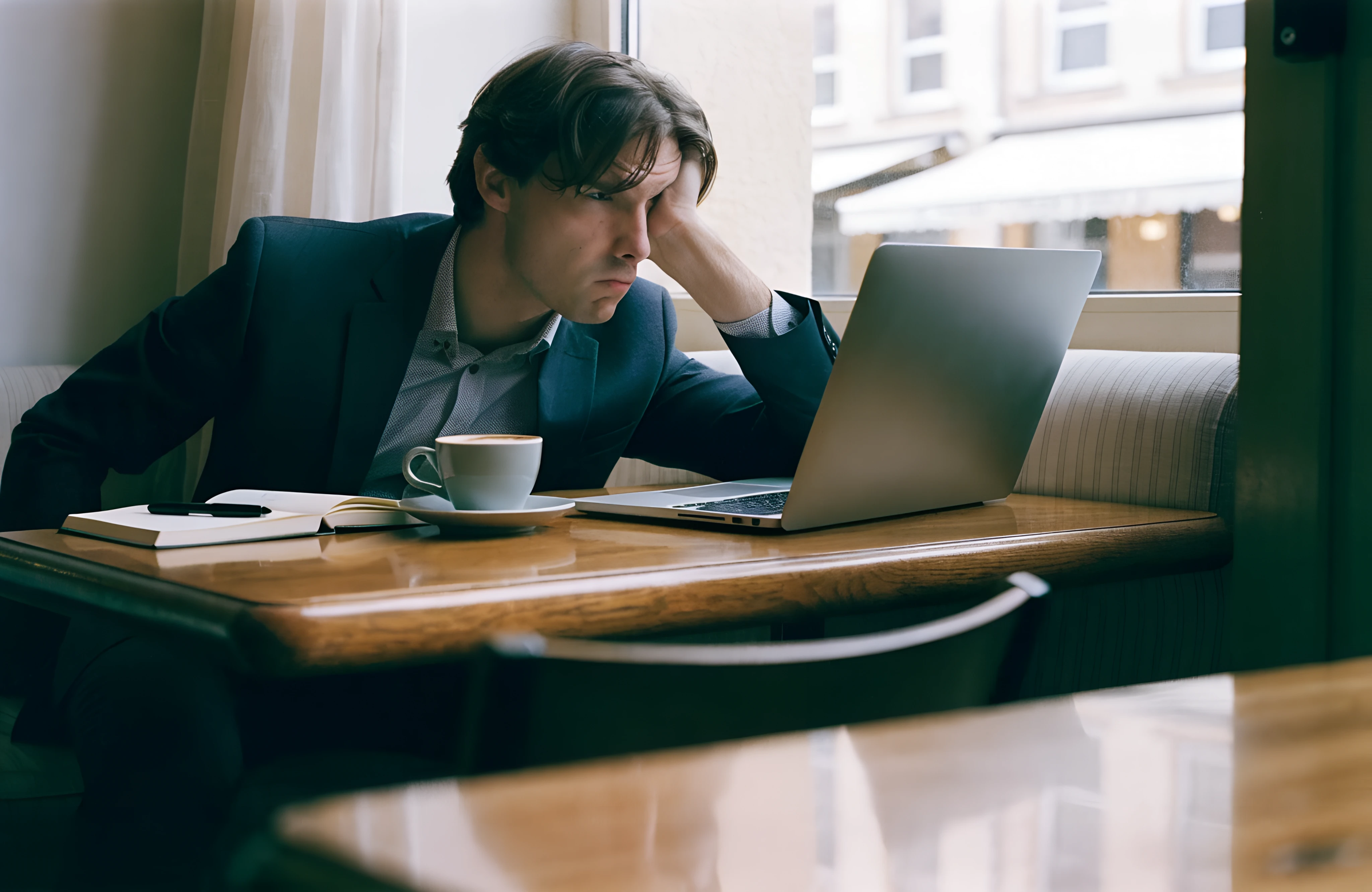 Consultant in a café looking unconvinced at a site made with an AI website builder